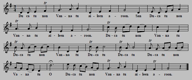 4.  "Aileen Aroon", as sung by Kitty Clive, tune and first verse from song sheet, London ca. 1742