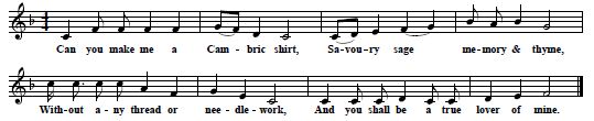 9.  "The Lover's Tasks", tune and first verse as sung by Mary Turnworthy, from Sabine Baring-Gould's manuscripts, Rough Copy, Vol. 9, SBG/3/12/6A, available at EFDSS