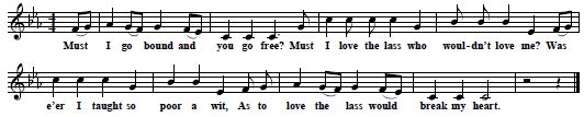 22. "Must I Go Bound?", from Herbert Hughes, Irish Country Songs, London 1909, p. 68-9,"fragment of an old song" from County Derry