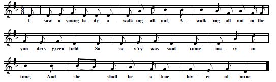 27.  "The Elfin Knight" [sic], as sung by Mrs Polly Mitchell, Burnsville, North Carolina, 1918, collected by Cecil Sharp, from Karpeles 1932, No.1B, p. 2