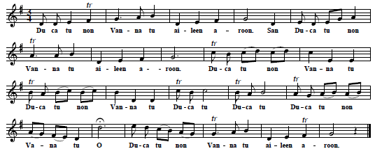 9. Tune & text (first verse only) from: The celebrated Irish Ballad Elin a Roon, sung by Mrs. Clive in Irish, as she perform'd it at the Theatre Royal in Dublin, n. d. [1742?]