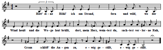 53.  "Htt' Eine Hhl' Ich Am Strand" , text (first verse only) & tune in: C. P. G. Grdener, Herbstklnge. 7 Lieder fr eine tiefe Stimme mit Begleitung des Pianoforte, Op. 18, Winterthur [1857], No. 2, p. 4