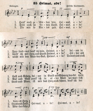 64. "Heimat, Ade!", in: Andreas Barner (ed.), Liedersammlung fr Tchterschulen, Heft 2, 5. Auflage, Karlsruhe n. d. [1902], No. 85, pp. 110-1