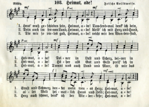 65.  "Heimat, Ade!", in: Philipp Beck, Liederbuch nebst kurzer Gesanglehre fr hhere Mdchenschulen und Lehrerinnen-Bildungsanstalten. Zweiter Teil. 5. - 7. Schuljahr, here No. 103, p. 71 in the 17th ed., Leipzig 1904