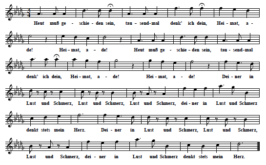 59. "Heimat, Ade!", text (first verse only) and melody line from: Jakob Blied (ed.), Vater Rhein. Liederbuch fr deutsche Mnnerchre. Opus 45, 2. Auflage bearb. von  August Wiltberger, Dsseldorf n. d. [1897; first publ. 1883], No. 23, pp. 64-6