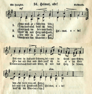 66. "Heimat, Ade", in: Wilhelm Kothe, Gesangbuch fr katholische Schulen. Eine Sammlung von 140 ein- und mehrstimmigen Schul- und Volksliedern. Mit hoher Genehmigung des Hochwrdigen Herrn Frstbischofs von Breslau und des Hochwrdigen Herrn Bischofs von Ermland. Neunzehnte, verbesserte Auflage, Leipzig 1894, No. 34, pp. 18-9