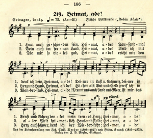 92. "Heimat, Ade!", in: Heinrich Lang & Martin Mezger, Liederlust. Eine stufenmig geordnete Sammlung von Liedern fr Knaben- und Mdchenschulen. Heft 2: Lieder fr das vierte bis siebente Schuljahr (Klasse I-III der hheren Schule in Wrttemberg), Stuttgart n. d. [1913], No. 219, p. 186