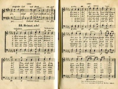 63. "Heimat, Ade!", in: Loreley. Sammlung auserlesener Mnnerchre. Herausgegeben, redigiert und dem Klner Mnner-Gesang-Verein gewidmet von August Reiser, Kln n. d. [1878; see Hofmeister XIX, December 1878, p. 391], No. 53, p. 184, here from the unchanged 7th edition, c. 1880