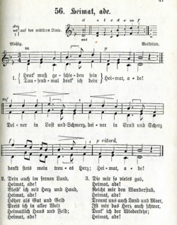 58. "Heimat, Ade!", in: Edmund Meyer, Liederstrau. Vaterlndisches Volksliederbuch fr Schule und Haus. Methodisch geordnet und mit Rcksicht auf das Auswendiglernen bearbeitet, Frauenfeld, 1893, No. 56, p. 47