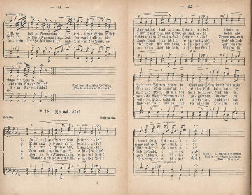 47.  "Heimat, Ade!", in: Neue Volksgesnge fr den Mnnerchor. Liederbuch fr Schulen und Vereine. Herausgegeben unter Mitwirkung deutscher und schweizerischer Ton setzer von Ignaz Heim. Erstes Bndchen. Neunte Stereotypauflage, Zrich, n. d. [1880s?; first published c. 1865],  No. 18, pp. 41-2