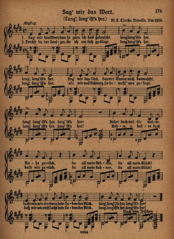 13. "Sag' mir das Wort (Lang', lang' ist's her). M. C. Clarke. Novello. Um 1855", in: Heinrich Scherrer, Deutsche Studentenlieder mit einer volkstmlichen Gitarrebegleitung aus dem Stegreif zu spielen, Hofmeister, Leipzig, 1923 [first published 1911], p. 175, image made from book from my collection