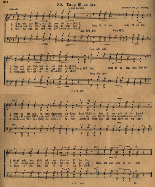 2. "Lang ist's her", in: Josef Schwartz, Mnnerchor-Album. 144 der beliebtesten Mnnerchre (Tongers Taschenalbum XII), Kln, [1899], pp. 214-5