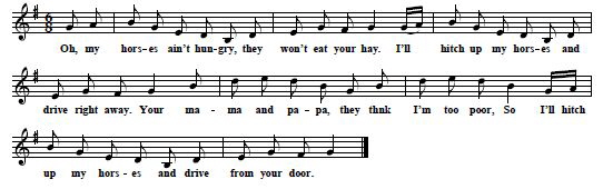 35. "My Horses Ain't Hungry", text and tune from:  John Jacob Niles (ed.), Songs of the Hill-Folk. Twelve Ballads from Kentucky, Virginia, and North Carolina (American Folk-Song Series, Set 14),  New York 1934, pp. 20-1