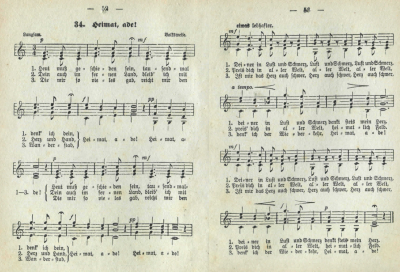61.  "Heimat, Ade", in: Neuester Liederschatz. Eine Sammlung der beliebtesten Lieder in ein- und mehrstimmigen Satz fr sangeslustige Kreise, jugendliche Chorvereine und Turnvereine. Stereotyp-Ausgabe, Reutlingen, n. d. [1899], No. 34, pp. 52-3