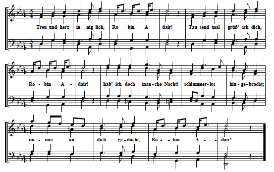 36. "Robin Adair", text (first verse only) & tune from: Ludwig Erk (Hg.), Volkslieder, alte und neue, fr Mnnerstimmen gesetzt. Erstes Heft, 68 Lieder enthaltend, Essen 1845, Nr. 21, p. 19