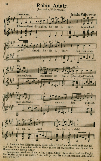 87. "Robin Adair", in: Robert Klaas, Das gold'ne Buch der Lautenlieder. Eine reiche Auslese Volks- und volkstmlicher Lieder mit doppelter Lautenbegleitung nebst einem Anhang von Mrschen u. Konzertstcken fr 2 Mandolinen und Guitarre. Lautensatz von W. Ott,  Berlin 1924, p. 80