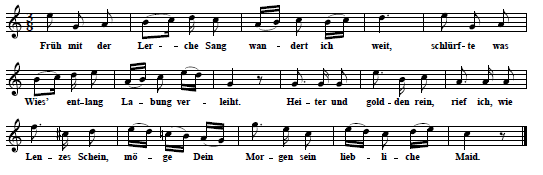 52. "Liebliche Maid", tune & text (first verse only) from: Robert Franz, 12 Gesnge von Robert Burns, Fr. Rckert und W. Osterwald fr eine Singstimme mit Begleitung des Pianoforte,  Opus 4, Heft 1, Neue vernderte Ausgabe, Leipzig, n. d. [1862], No. 3, p. 8 