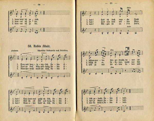 80.  "Robin Adair", in: Robert Linnarz, Auswahl von Chorgesngen fr Oberklassen hherer Mdchenschulen, sowie fr Pensionate und Lehrerinnen-Seminare. Band 2: Weltliche Lieder, 2. Auflage, Essen 1908, No. 58, p. 94-5