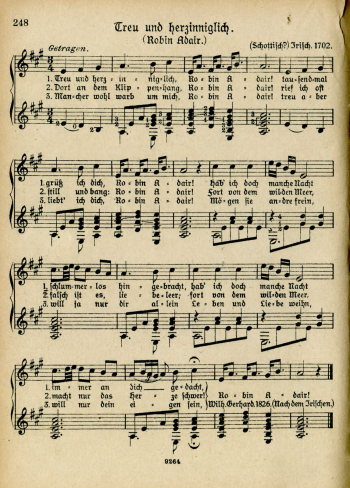 86. "Treu und herzinniglich (Robin Adair"), in: Heinrich Scherrer, Deutsche Studentenlieder mit einer volkstmlichen Gitarrebegleitung aus dem Stegreif zu spielen, Leipzig 1923, p. 248