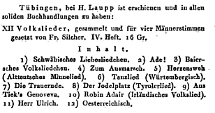 33. Advertisement for Friedrich Silcher, XII Volkslieder, gesammelt und fr vier Mnnerstimmen gesetzt, Heft 4, from: Intelligenzblatt zur allgemeinen musikalischen zeitung, No. IX, September 1834, p. 36