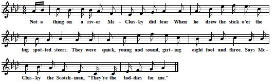 33. "The Brown Bulls", tune and first verse from: Franz Rickaby, Ballads And Songs Of The Shanty-Boy, Cambridge 1926, No.13B, p. 68  