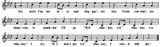 29. "Rye Whiskey", from: Newton Gaines, Some Characteristics of Cowboy Songs, in: J. Frank Dobie (ed.), Follow de Drinkin' Gou'd. Publications of the Texas Folklore Society Number VII, Denton 1928 (Facsimile Edition 1965),  pp. 145-155, here p. 153-4 