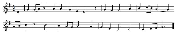 The melody of "Down In The Meadow" as sung by Mrs. Caroline Cox in 1905, quoted from Allen, p. 163