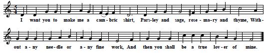 22. "Cambric Shirt", "Recorded about 1875, by S. A. F., Providence, R.I., from the singing of an aged man, born in the year 1800", here from Barry 1905, p. 213