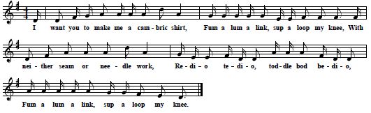 30. "Redio-Tedio", from Barry et al. 1929, pp. 3-4, "sent in, 1926" by Mrs. Young from Brewer, Maine who had learned this song in 1882
