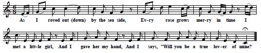 15. "The Sea Side", as sung by Miss Bridget Geary, at Camphire, Cappoquin, Co.Wateford, August 1806, collected by Lucy Broadwood,  published in Journal of the Folk-Song Society, Vol.3, 1907, p. 12-3