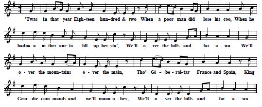 19. "'Twas In That Year",as sung by Alexander Robb, New Deer Aberdeenshire, collected by Graig & Duncan 1908, Greig-Duncan I, No. 77 A, p. 178