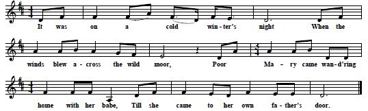 G: The melody of "Mary Of The Wild Moor" as collected by Dorothy Scarborough in Virginia in the 30s (original key G, here transposed to D)
